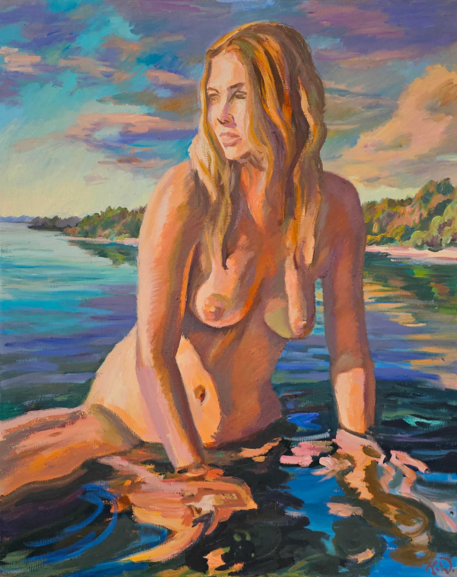 Ölgemälde einer Person, die bei Sonnenuntergang in ruhigem Wasser sitzt.