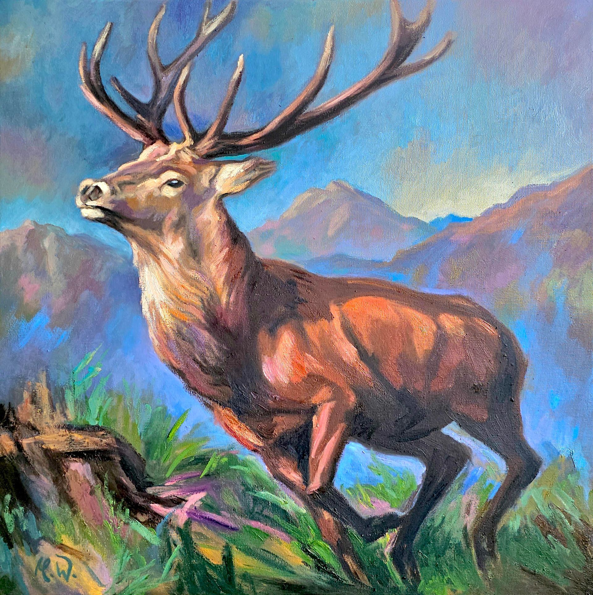 Ein Gemälde eines majestätischen Hirsches mit großem Geweih, der in einer üppigen.