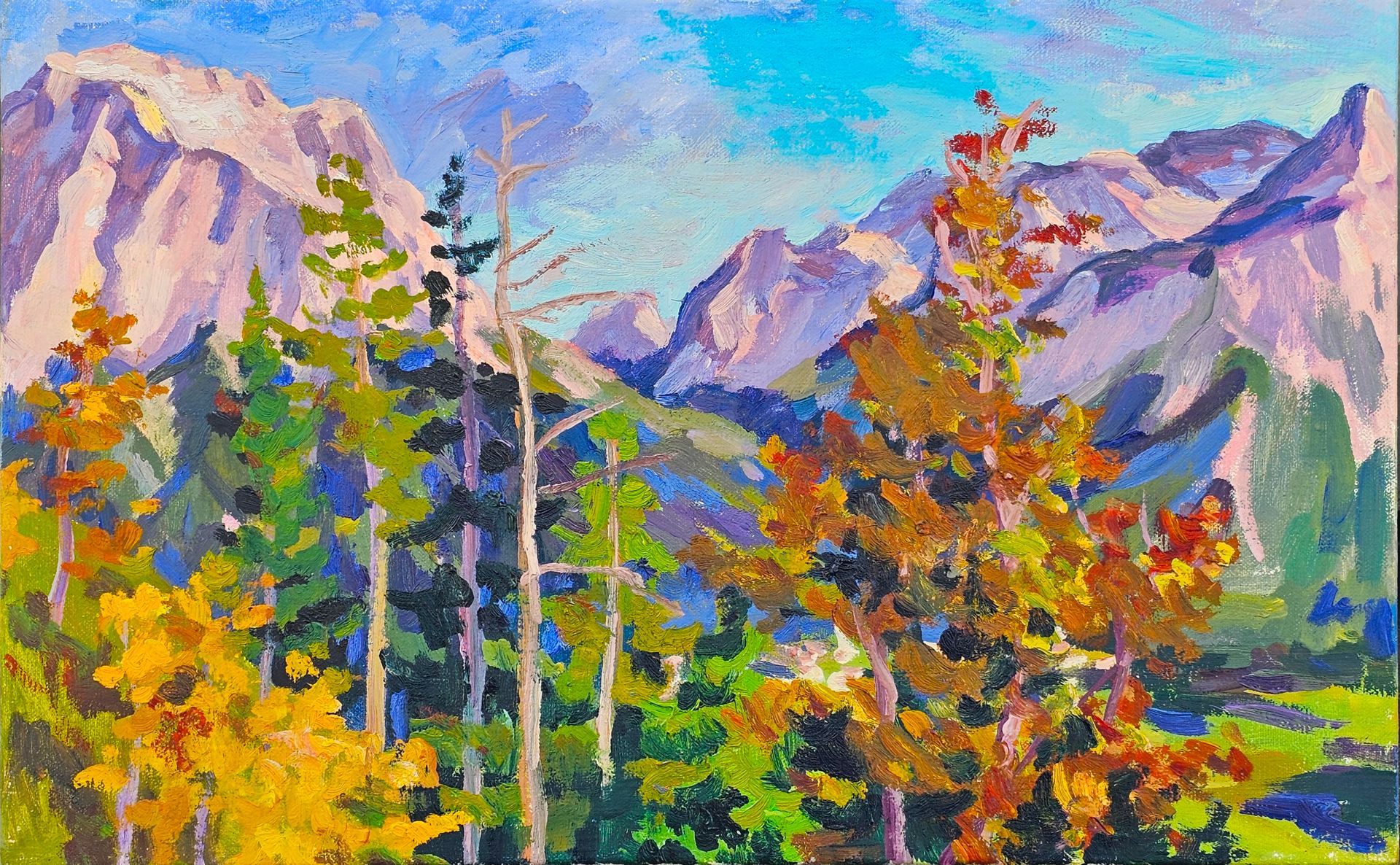 Impressionistisches Gemälde von leuchtenden Herbstbäumen im Vordergrund vor dem Hintergrund zerklüfteter.