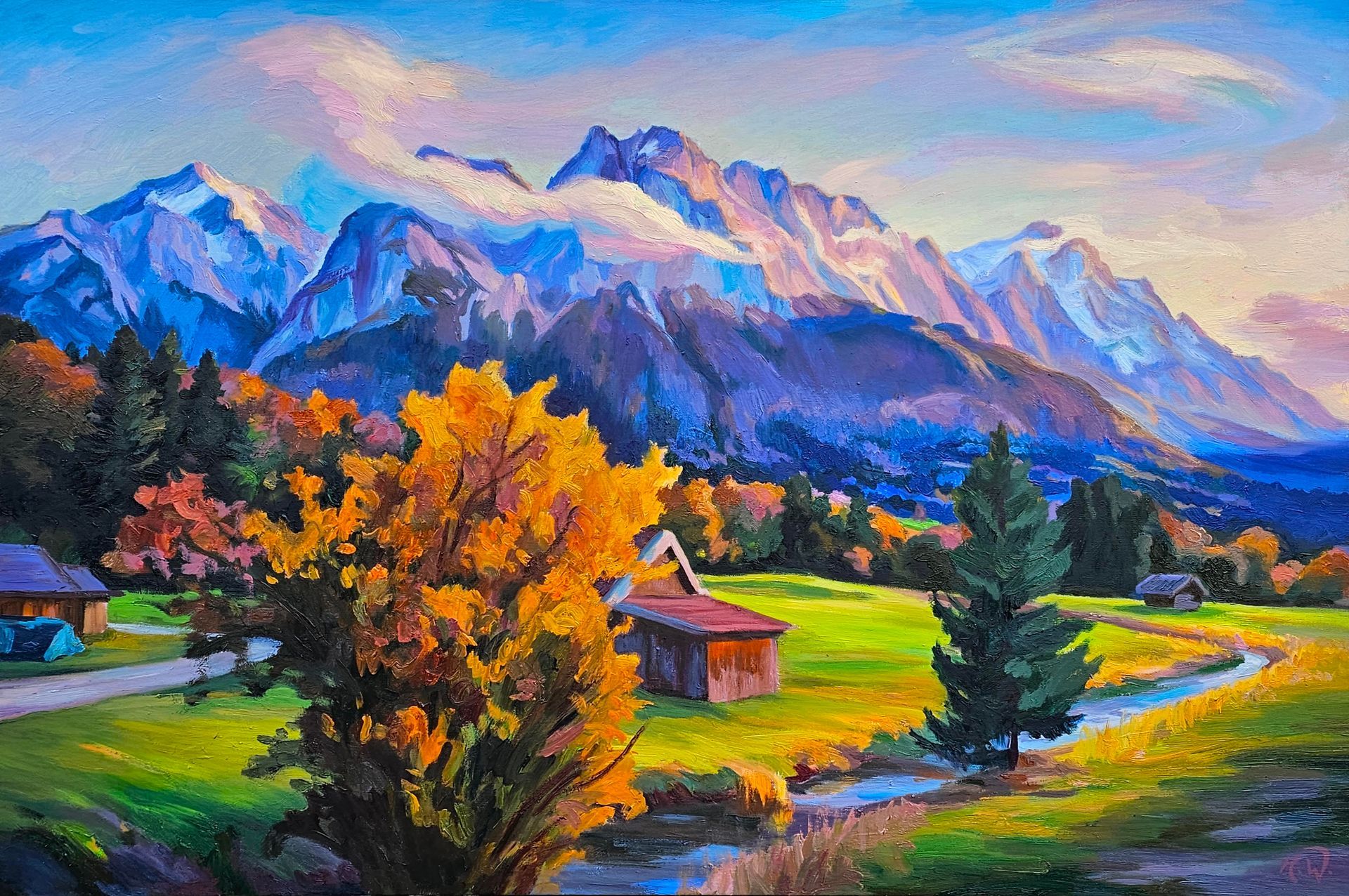 Ein farbenfrohes Ölgemälde, das ein ländliches Tal mit einem Bach, goldenen Bäumen und hoch aufragenden.