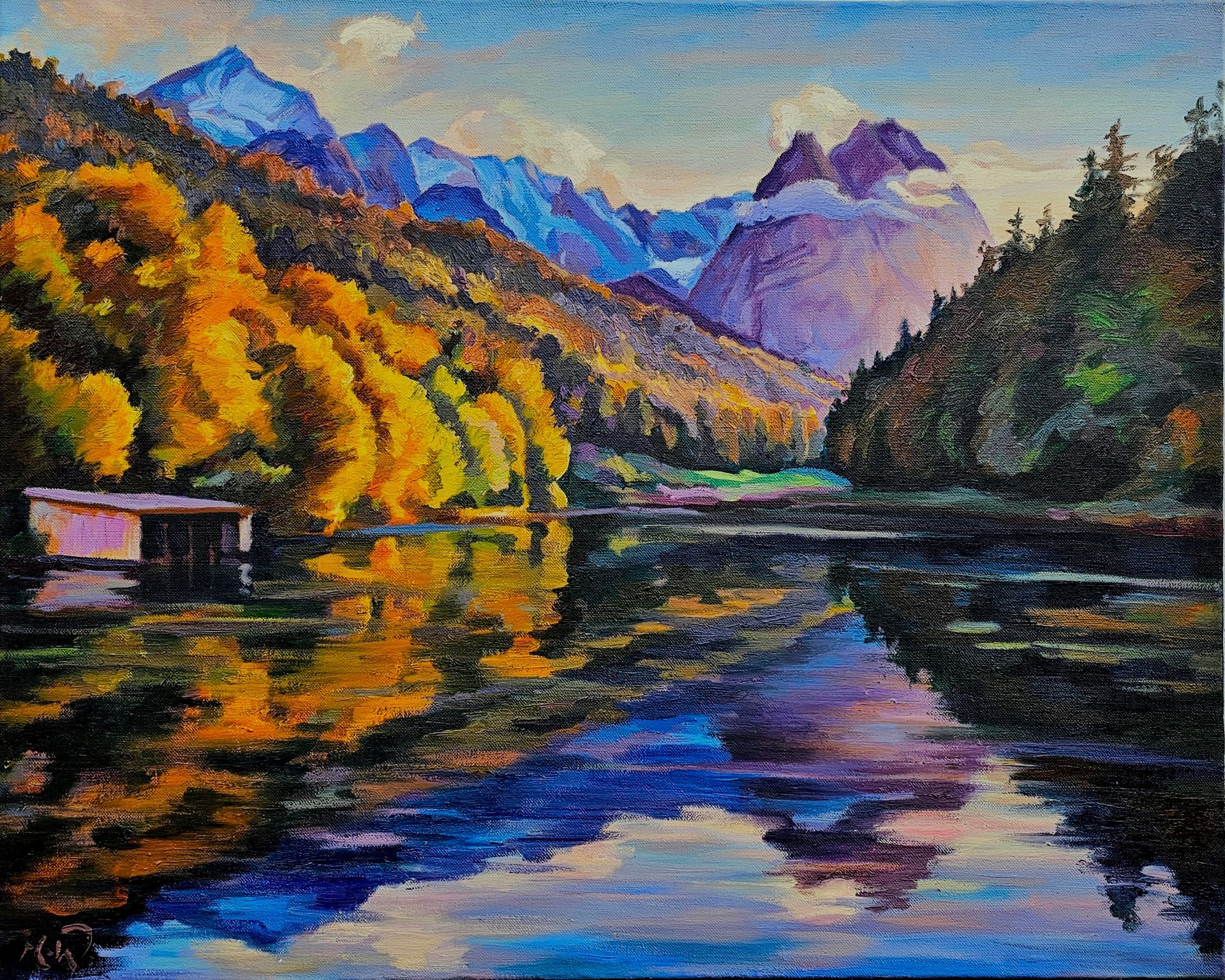 Ölgemälde mit leuchtenden Herbstbäumen und Bergen, die sich in einem ruhigen See spiegeln, mit einem kleinen Gebäude.