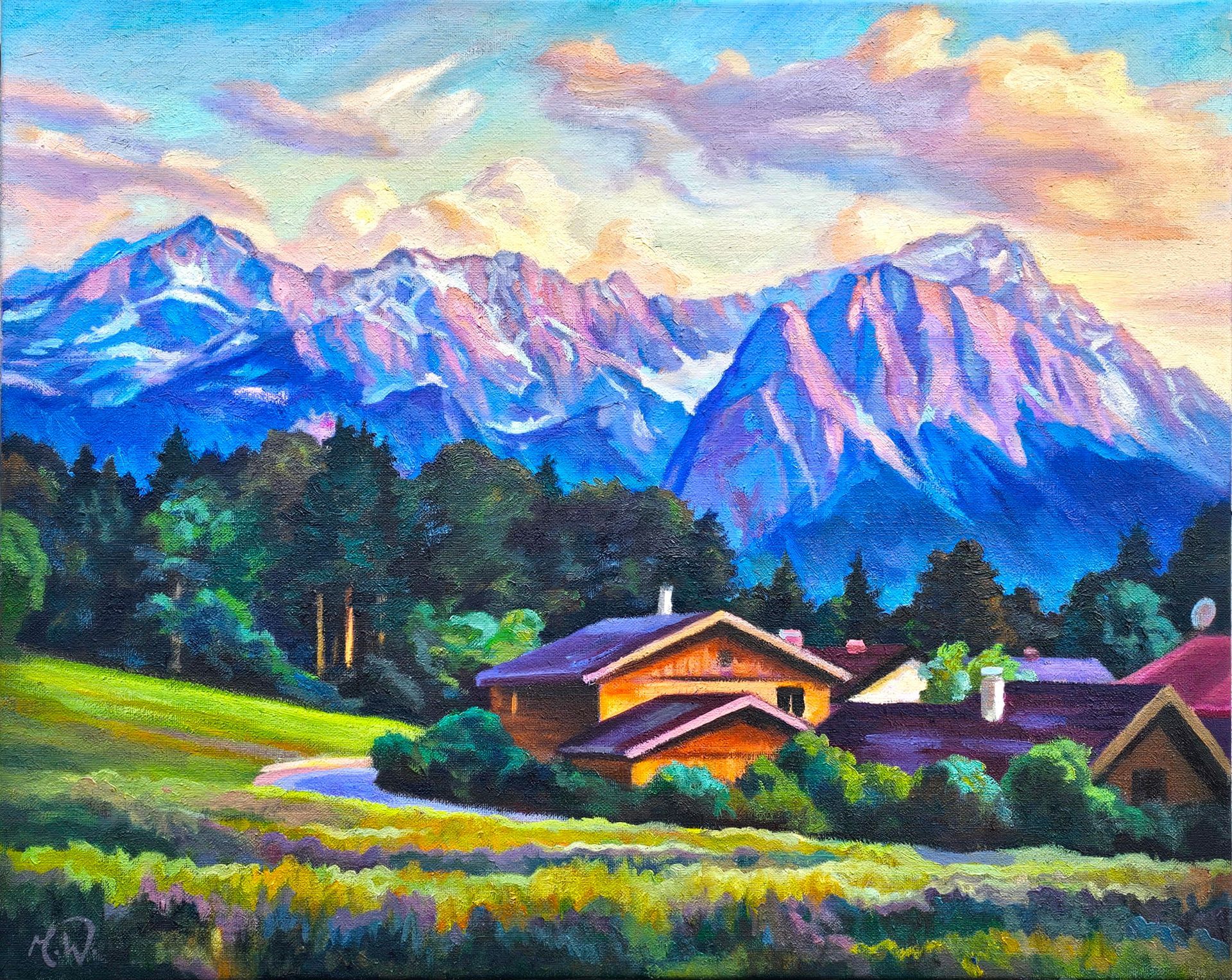 Ein Ölgemälde von Alpenhütten auf einer grasbewachsenen Wiese vor einer leuchtenden, sonnenbeschienenen Bergkette in blauen.