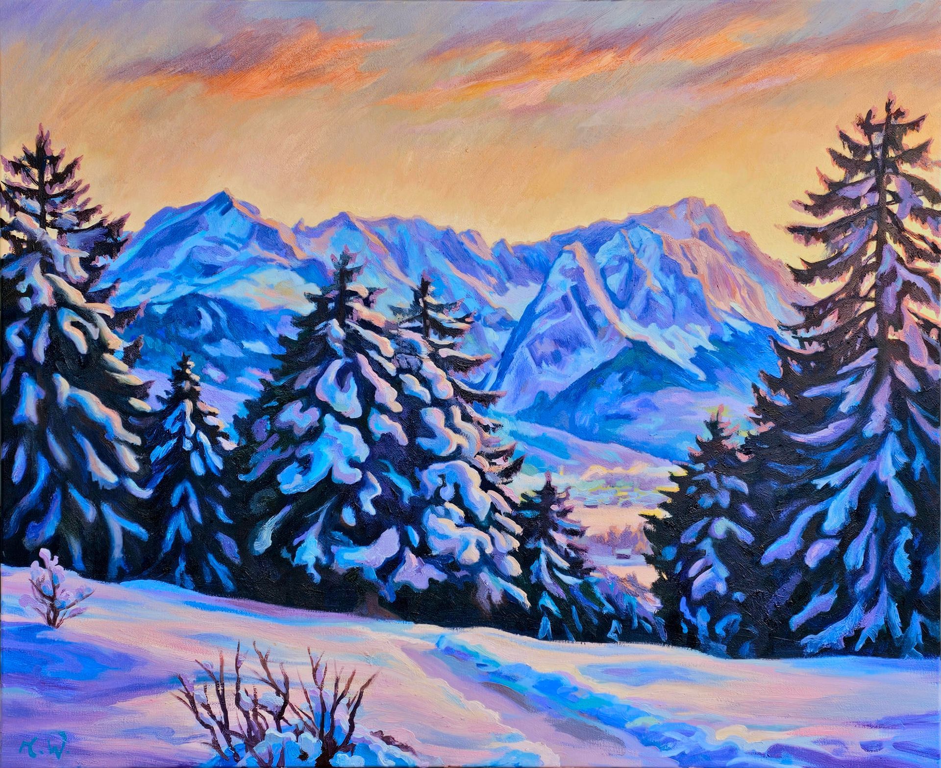 Ein Ölgemälde von schneebedeckten Kiefern in einer Berglandschaft unter einem warmen Sonnenuntergangshimmel.