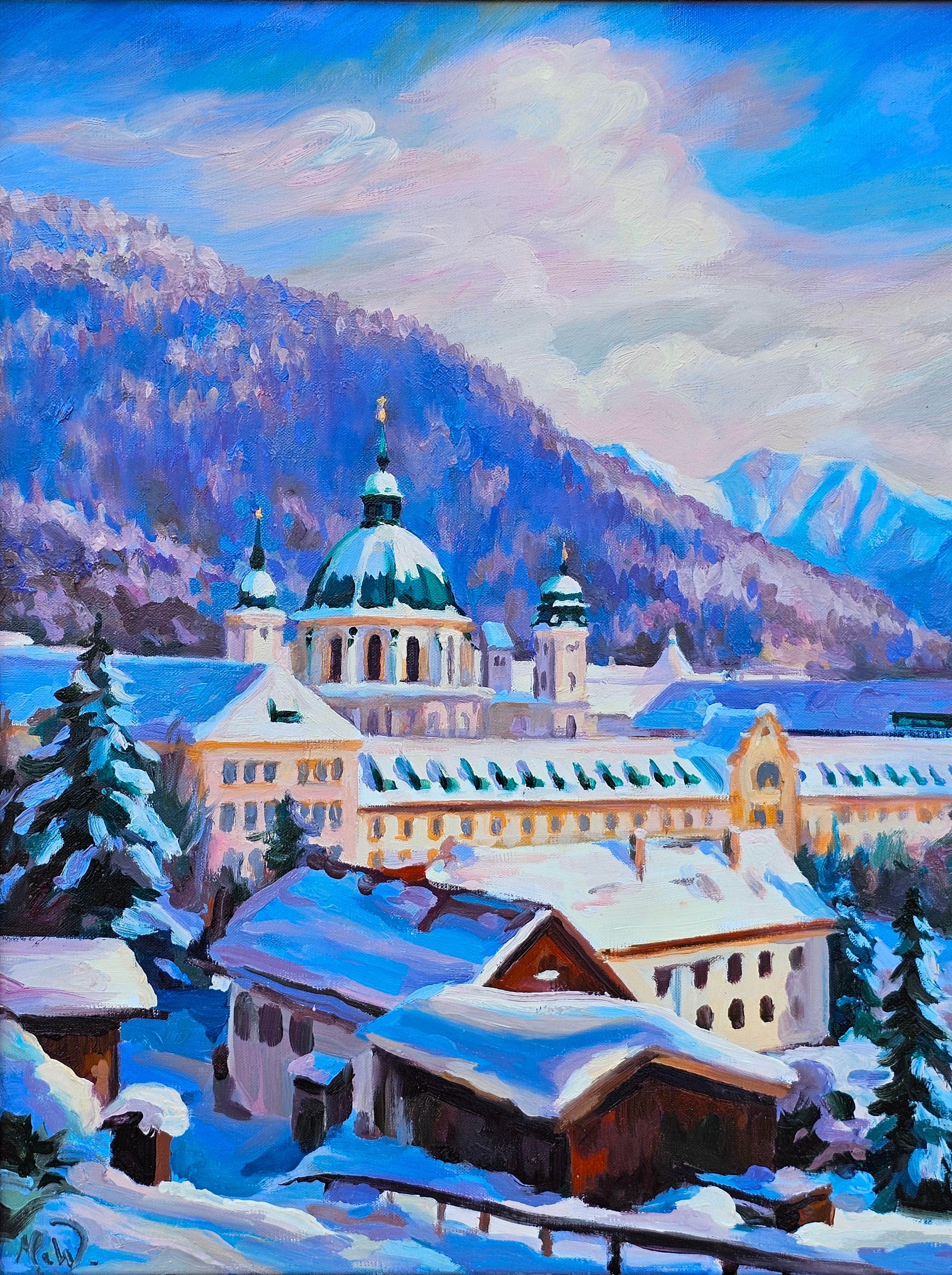 Ein Ölgemälde einer schneebedeckten Stadt im Winter mit einer großen Kathedrale mit grüner Kuppel vor einer Bergkulisse.