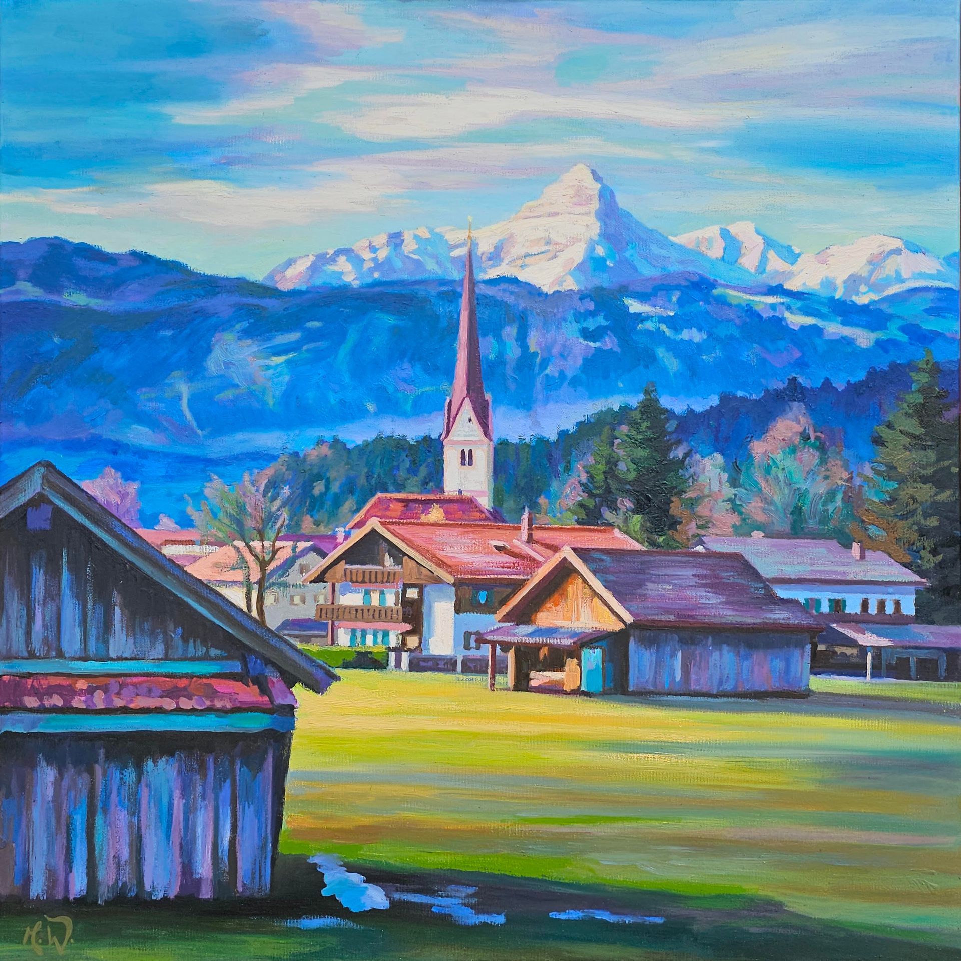 Eine lebendige, malerische Landschaftsdarstellung eines Bergdorfes mit Holzhütten, einem Kirchturm.