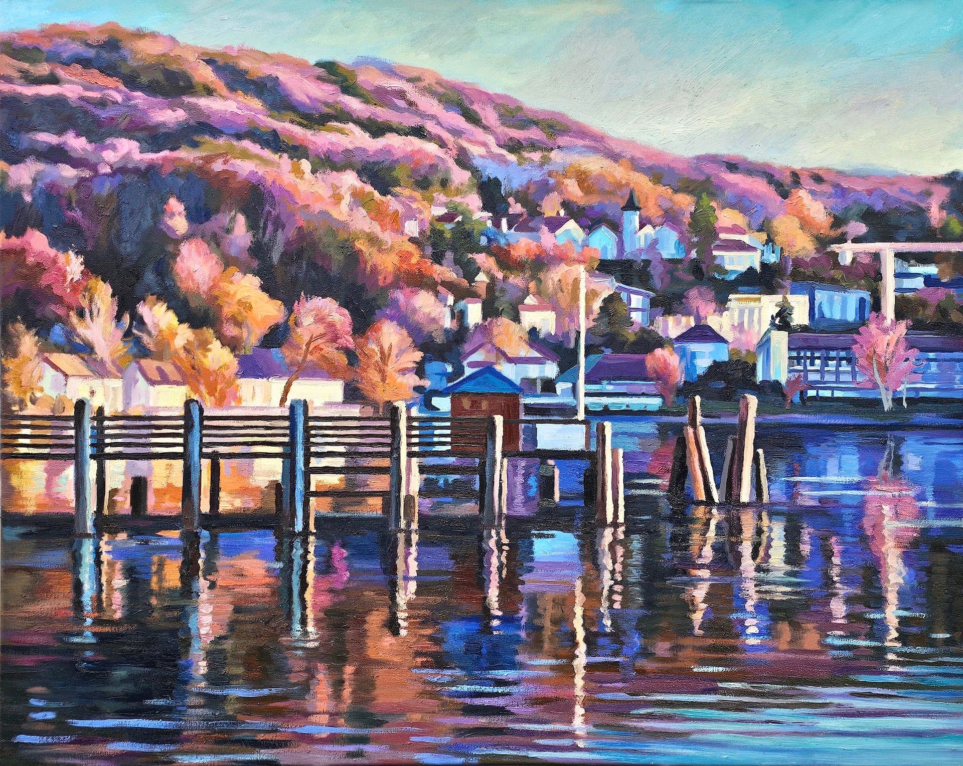 Ein farbenfrohes, impressionistisches Ölgemälde, das einen hölzernen Steg zeigt.