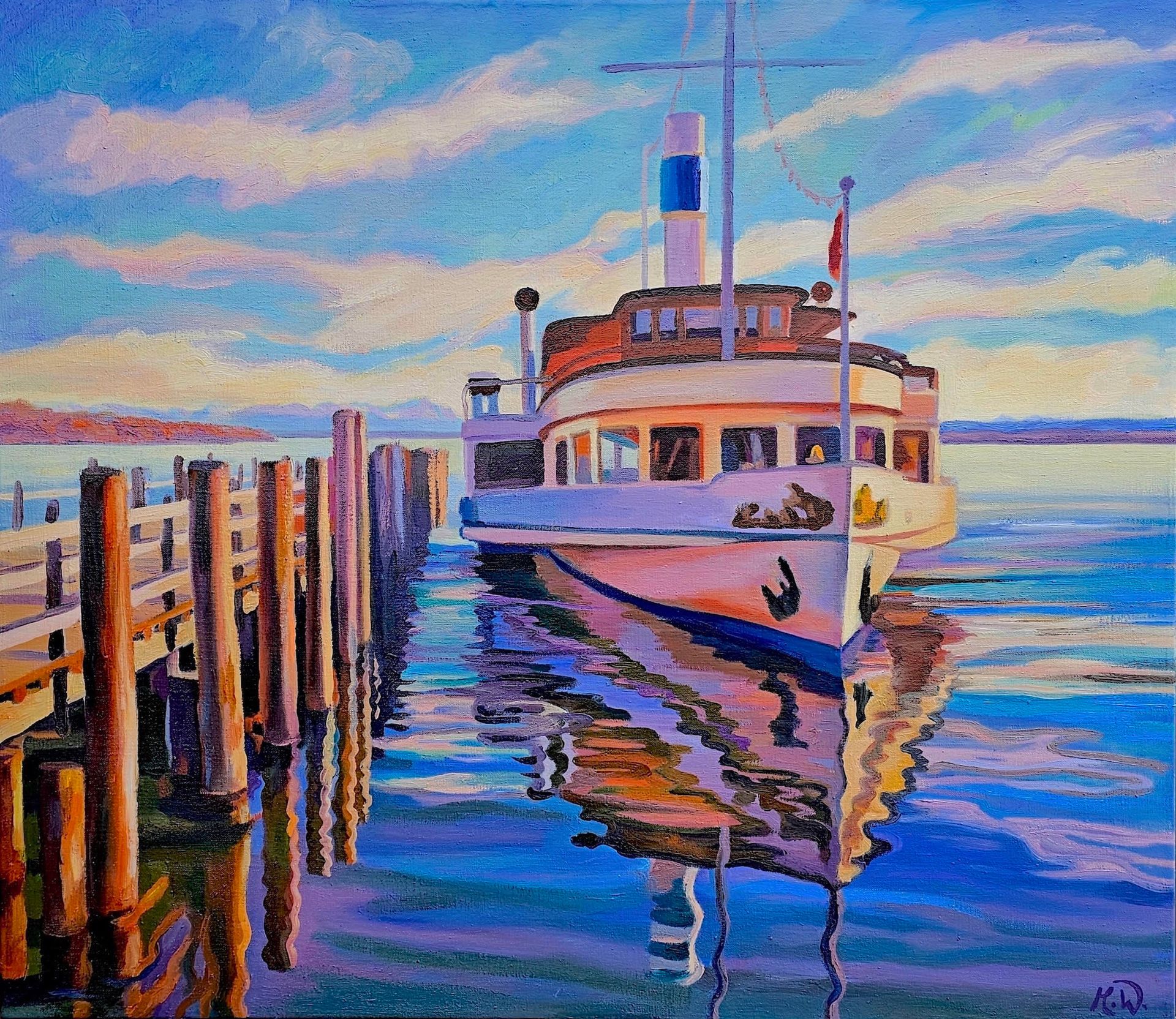 Impressionistisches Ölgemälde einer Passagierfähre, die an einem Holzsteg auf einem See.