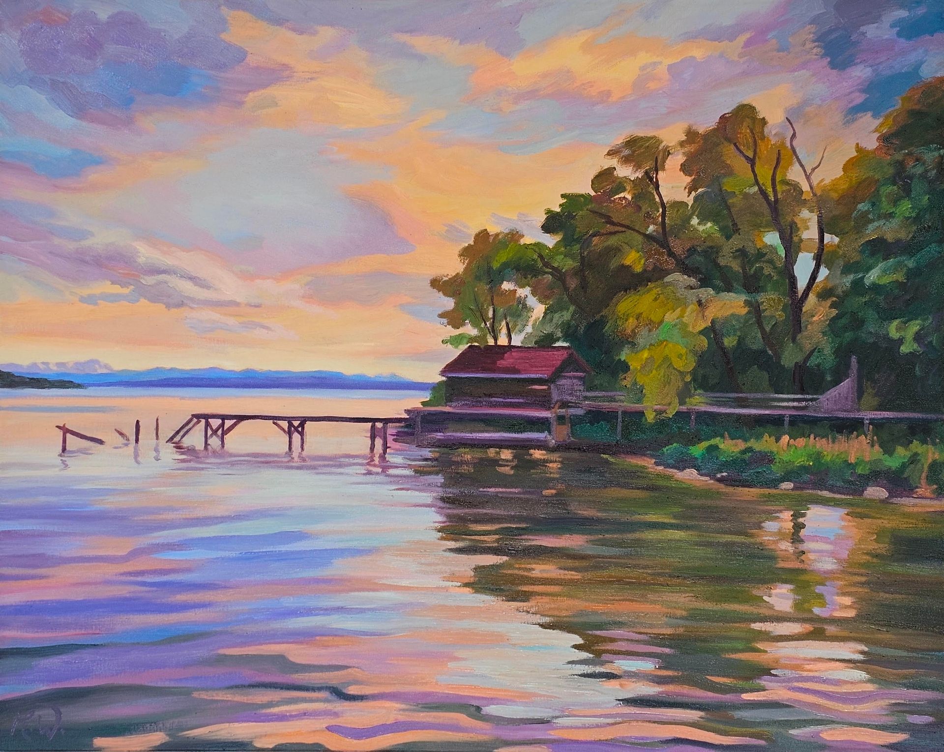 Ein impressionistisches Gemälde eines Holzstegs, der zu einer kleinen Hütte am Seeufer führt.