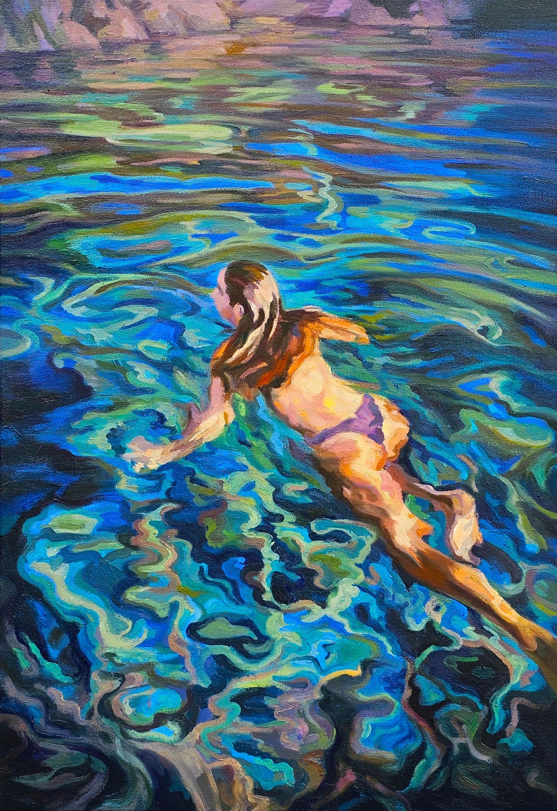 Ein Ölgemälde, das einen Schwimmer in klarem, leuchtend blauem und türkisfarbenem Wasser mit Sonnenlichtmustern.