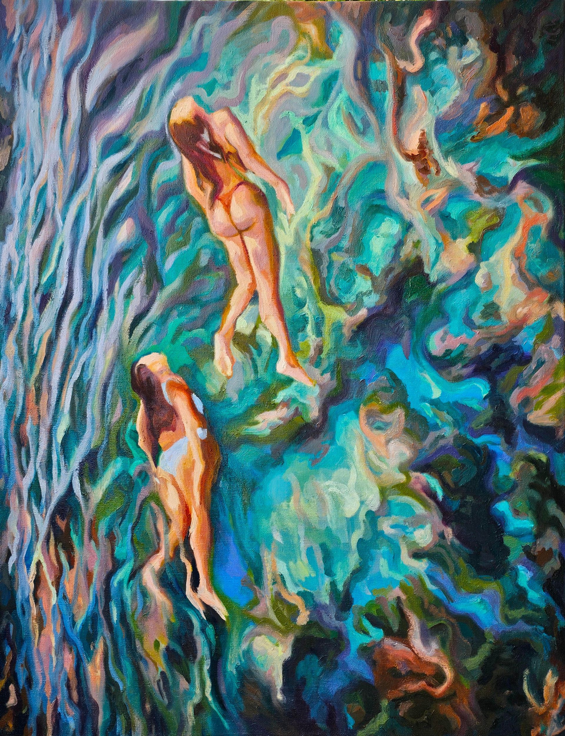 Ölgemälde von zwei Figuren, die in leuchtend blauem und türkisfarbenem Wasser in der Nähe einer felsigen.