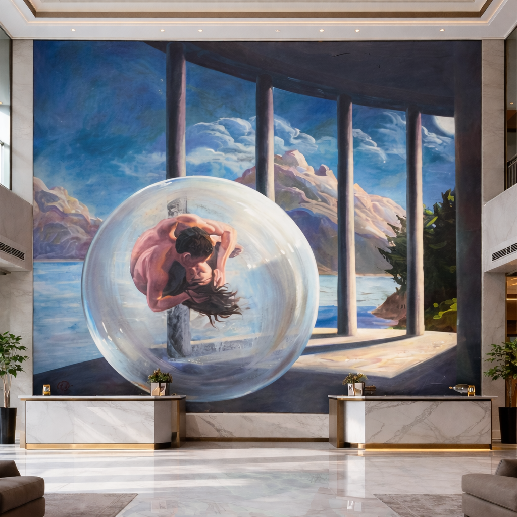 Ein großes Wandgemälde in einer Lobby zeigt zwei sich umarmende Figuren in einer Glaskugel auf einer Terrasse mit Blick.