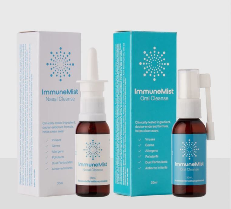 Two ImmuneMist product boxes and bottles: Nasal Cleanse (white) and Oral Cleanse (teal).