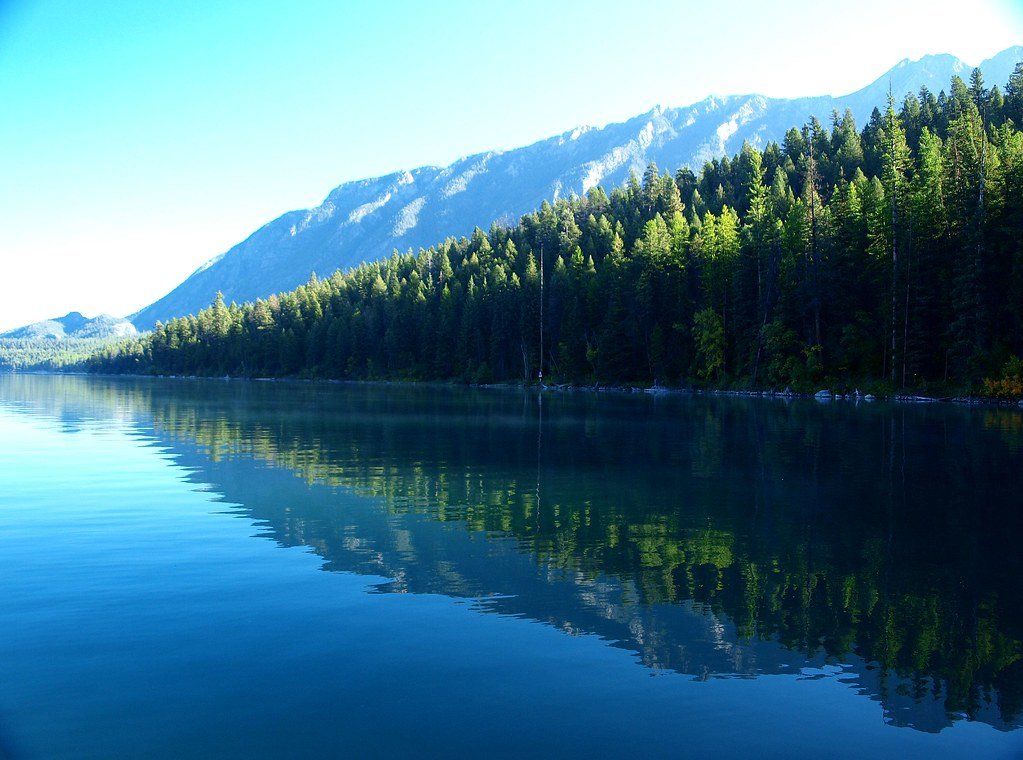 A lake with mountains in the background and trees on the shore