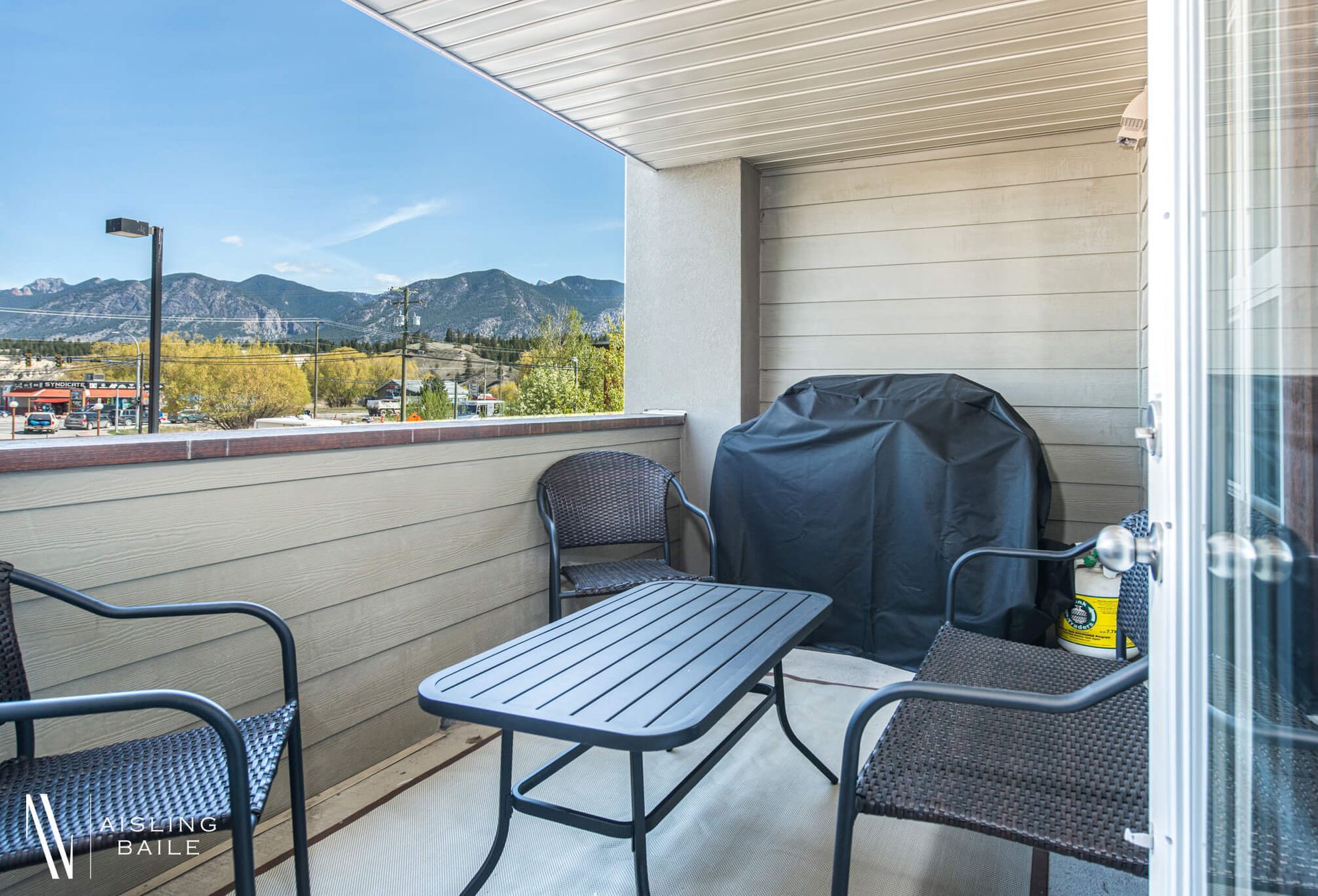 Private patio at the Trendy condo at Lake Windermere Pointe in Invermere, a BC Vacation Rental hosted by Aisling Baile Property Management.