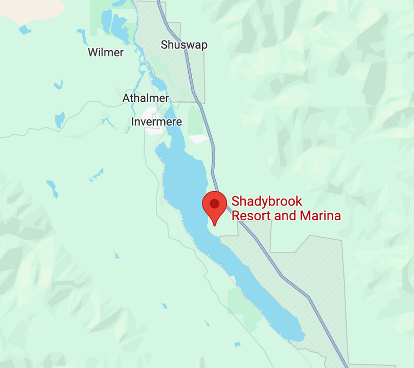 A map showing the location of shadybrook resort and marina