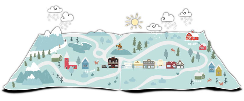 Illustrated snowy mountain village map with houses, roads, lake, trees, and sun under cloudy sky