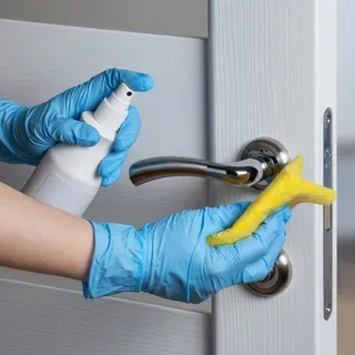 A person wearing blue gloves is cleaning a door handle with a spray bottle.