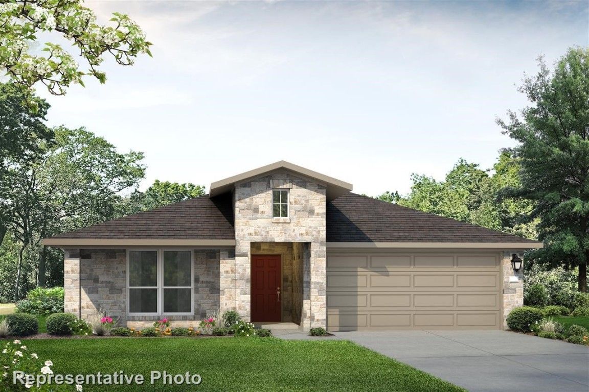 A rendering of a house with a garage and a lawn in front of it.