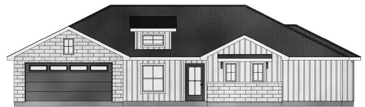 A black and white drawing of a house with a black roof.