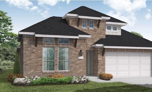 A rendering of a brick house with a black roof and a white garage door.