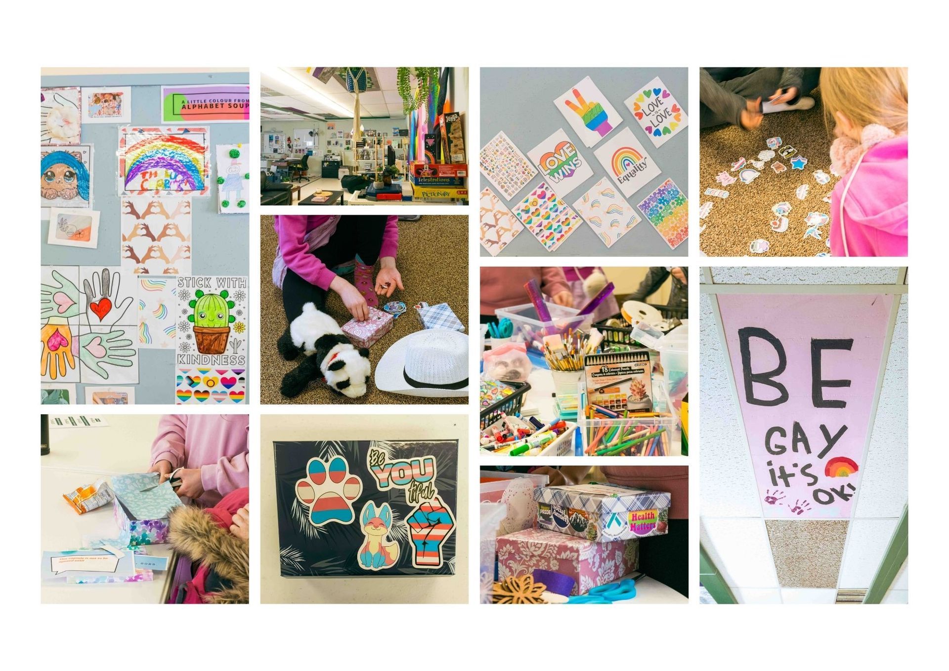 Photo collage from various of Centre33 activities like alphabet soup, and drop-in space