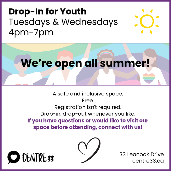 Drop-in youth program poster: Tuesdays and Wednesdays, 4–7 pm, open all summer, with Centre 33 contact info