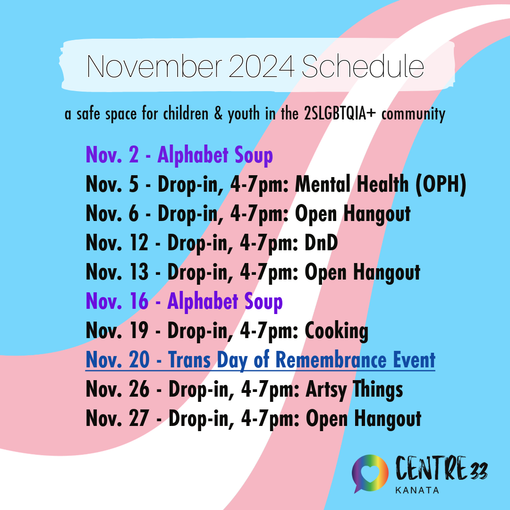 September Drop-in Calendar
Centre33 Kanata
2SLGBTQIA+ children youth