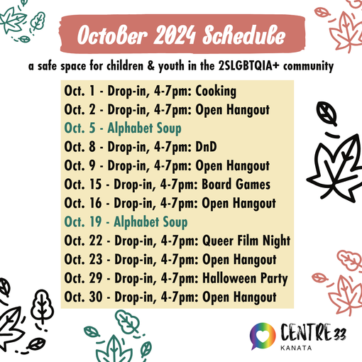 September Drop-in Calendar
Centre33 Kanata
2SLGBTQIA+ children youth