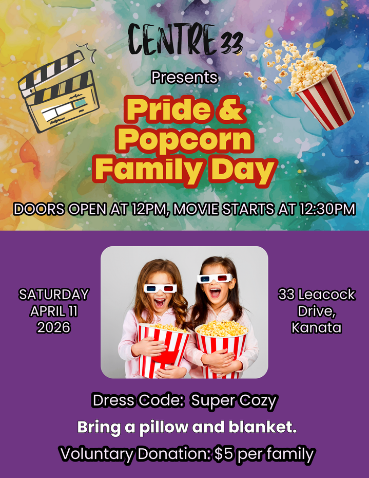 Poster for Centre 33 Pride & Popcorn Family Day with movie night details, date, time, and dress code.