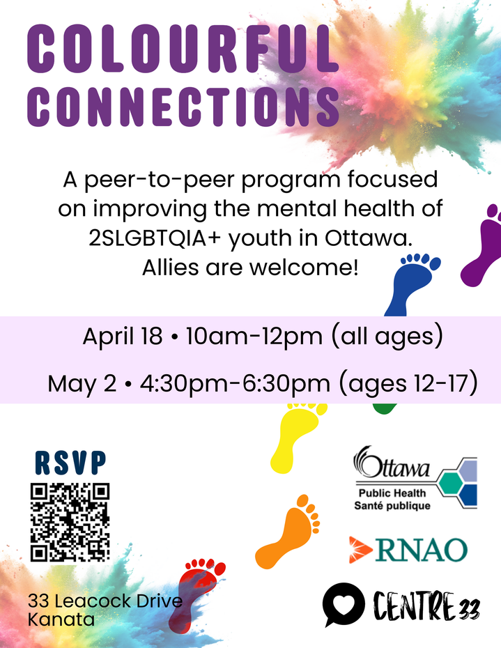 Colourful Connections peer-to-peer mental health program poster with rainbow splash, dates, times, QR code, and logos