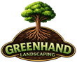 Green tree logo with roots above the words “GREENHAND LANDSCAPING” on a dark brown emblem