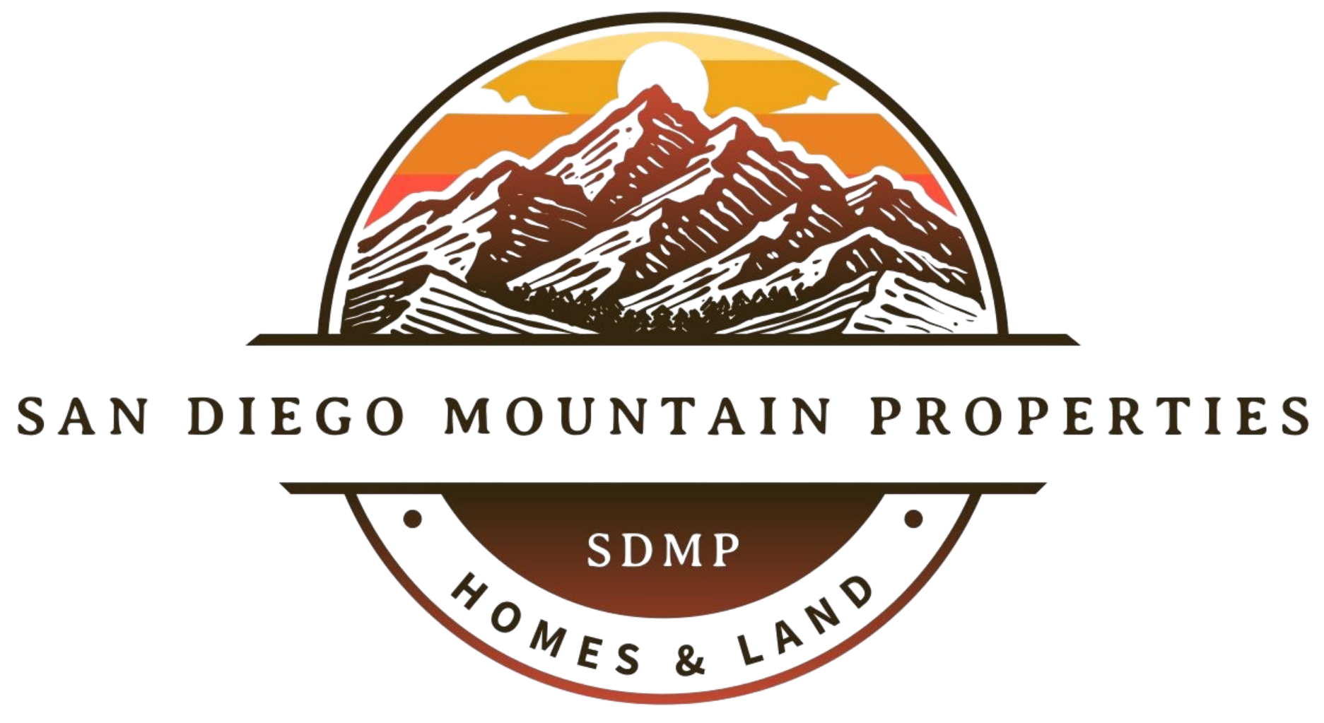 San Diego Mountain Properties logo with mountains in orange, brown, and white, and “Homes & Land” text