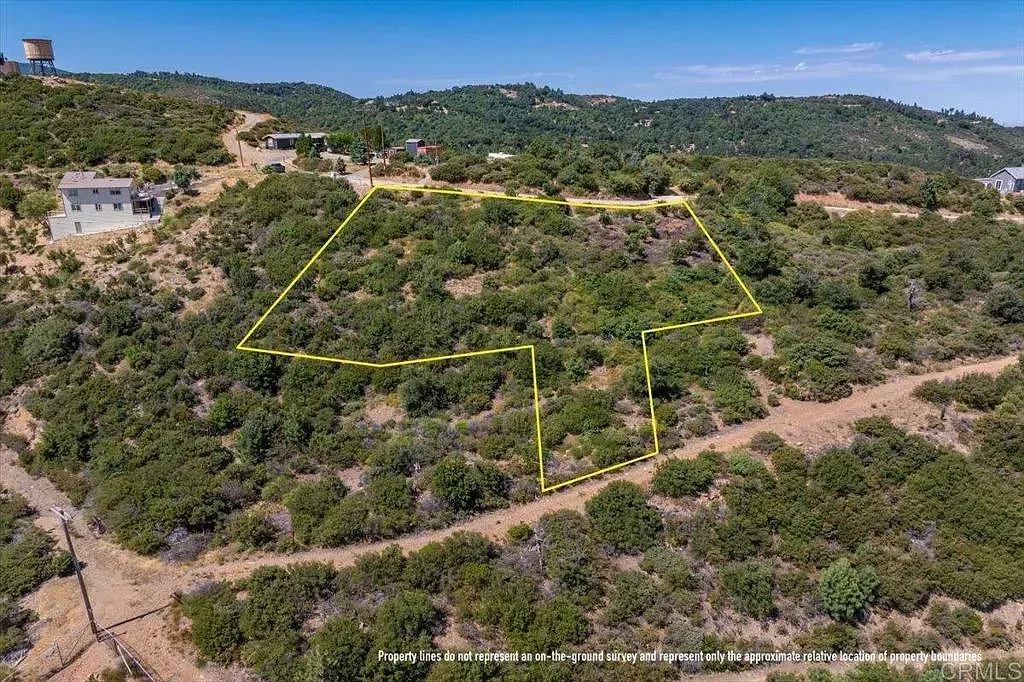Aerial view of a dry hillside with a yellow outlined plot among trees and dirt roads.