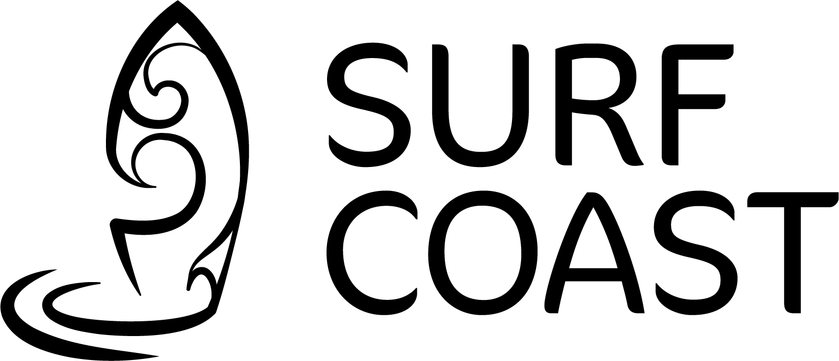 Ein schwarz-weißes Logo für Surf Coast mit einem Fisch darauf.