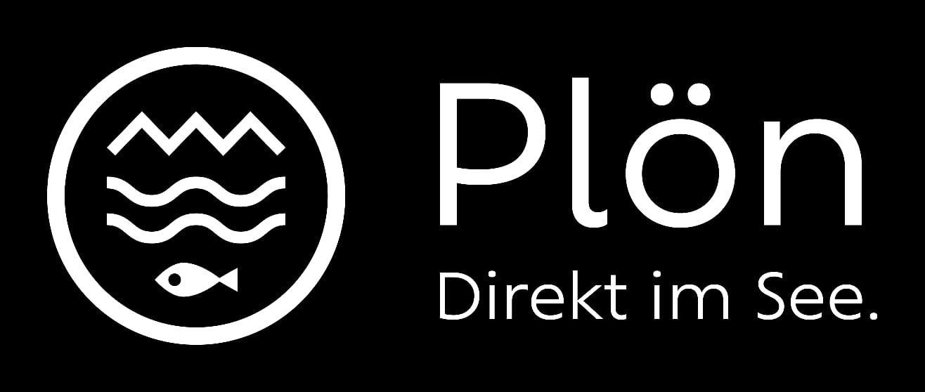 Ein weißes Logo mit Wellen und einem Fisch in einem Kreis auf schwarzem Hintergrund.