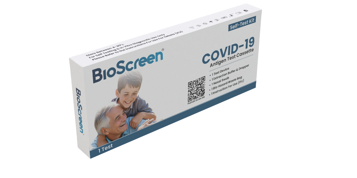 Three boxes of covid-19 test kits are stacked on top of each other.