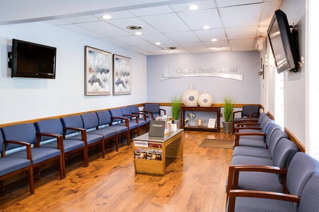 A Waiting Room With Blue Chairs — Clinton, MD — Hamam & Lamb DDS PA