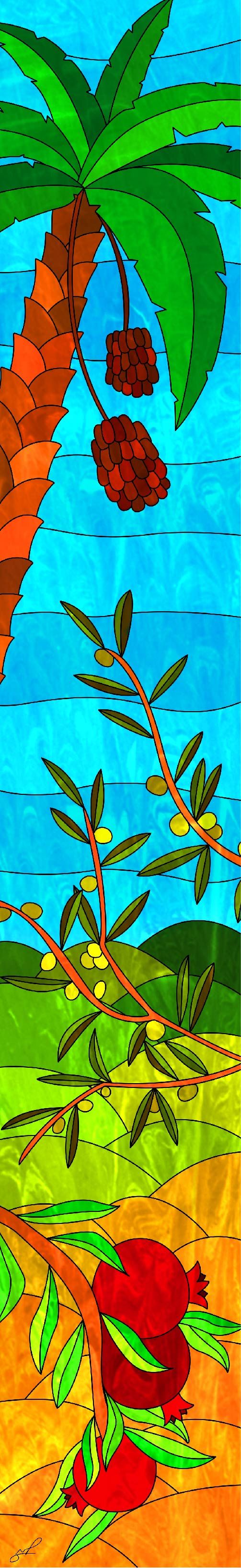 איור חלונות ויטראז' - 7 המינים - תמר, זית ורימון