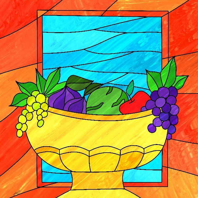 איור בסגנון ויטראז' לבית כנסת, 7 המינים, 12 השבטים, וגוש קטיף