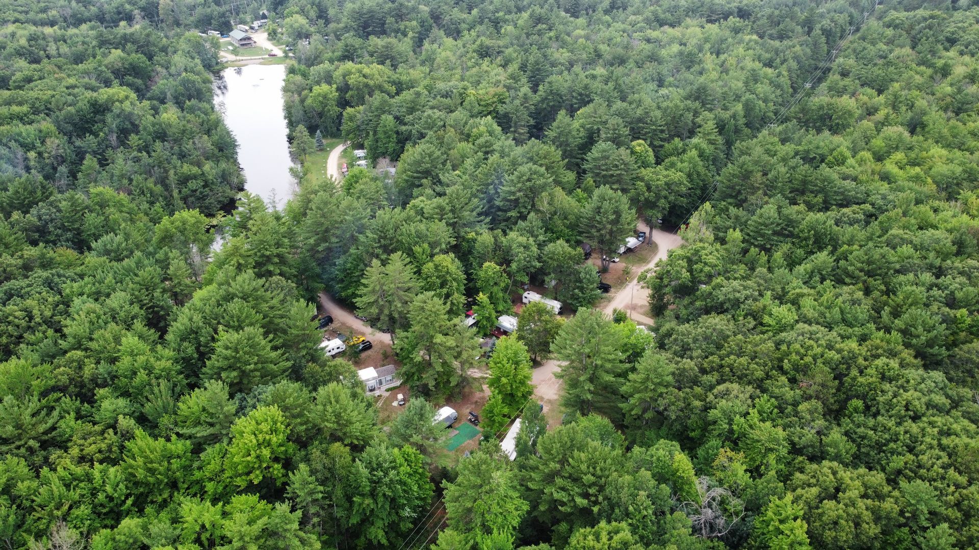 An aerial view of a lush green forest with a lake in the middle.