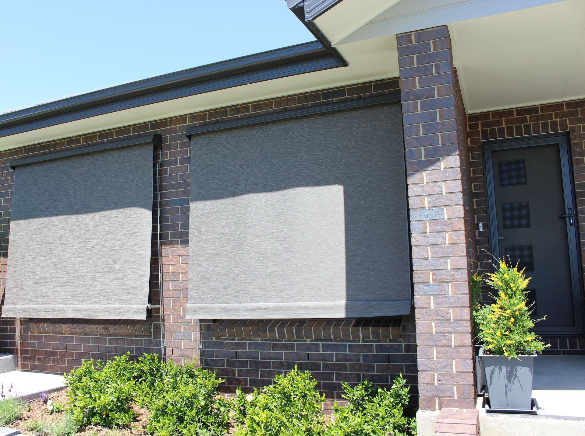 Front view of a modern brick house with two large outdoor roller blinds partially drawn over the windows, a dark-colored front door, and a small garden with green shrubs and a potted plant near the entrance.— Maxview Blinds and Shutters in Beresfield, NSW
