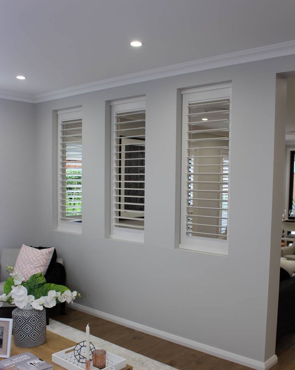 Three Windows With Plantation Shutter — Maxview Blinds and Shutters in Beresfield, NSW