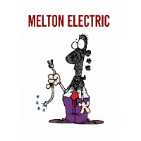 Melton Electric logo: cartoon figure with singed clothes holding sparking wires.
