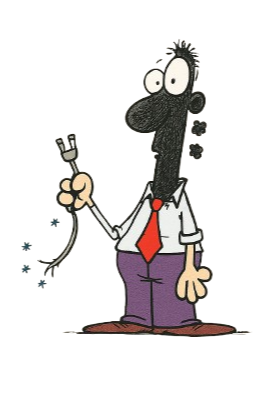 Cartoon man, face and hair blackened, holding sparking electrical plug. He wears a shirt, tie, and pants.