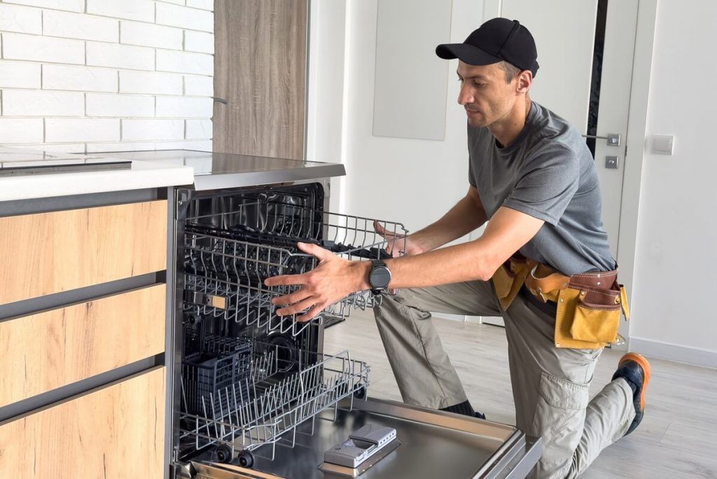 Qualified Stevenage plumber installing a kitchen appliance with water and electrical connections