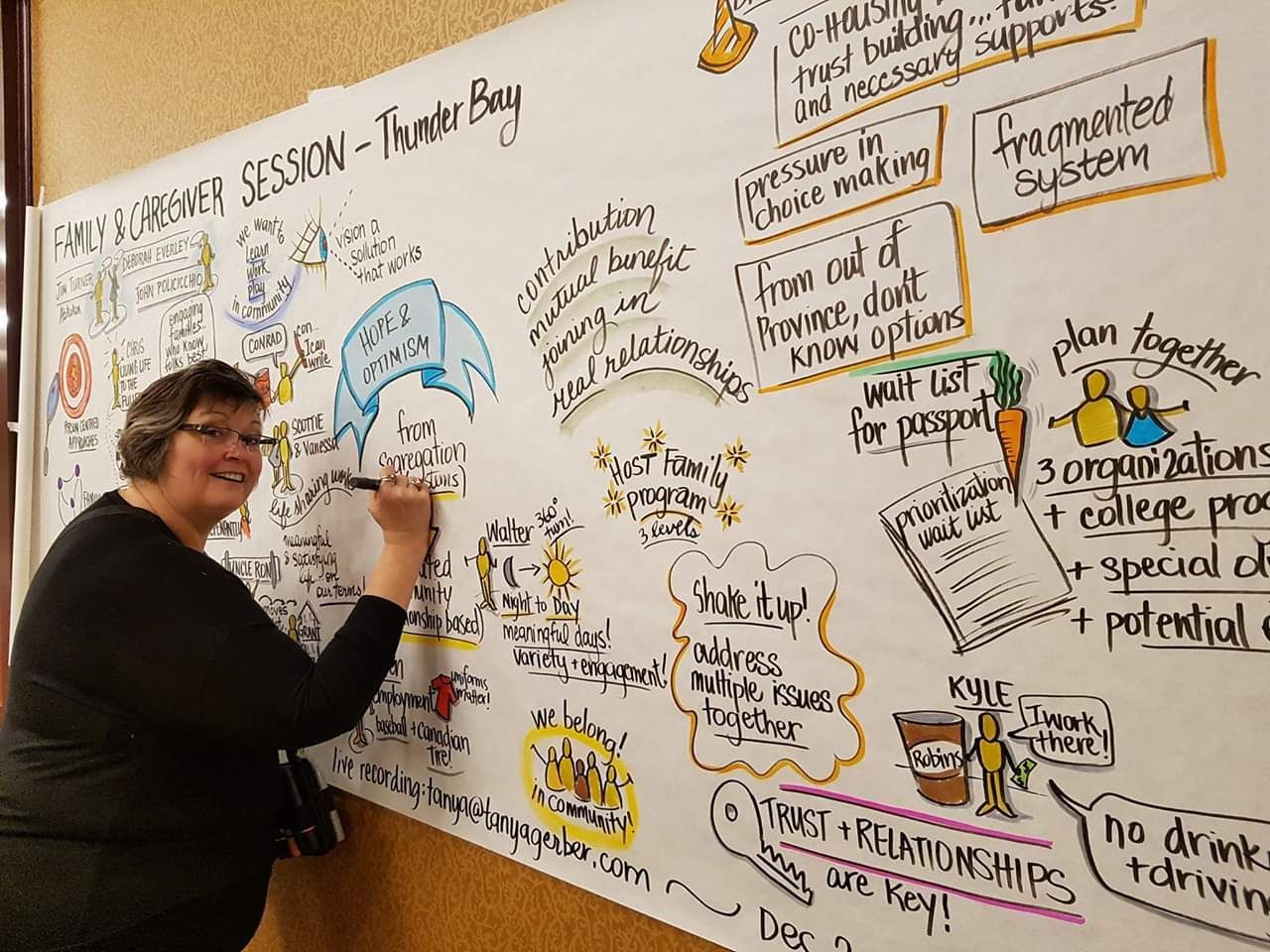 A woman is writing on a white board that says thunder bay