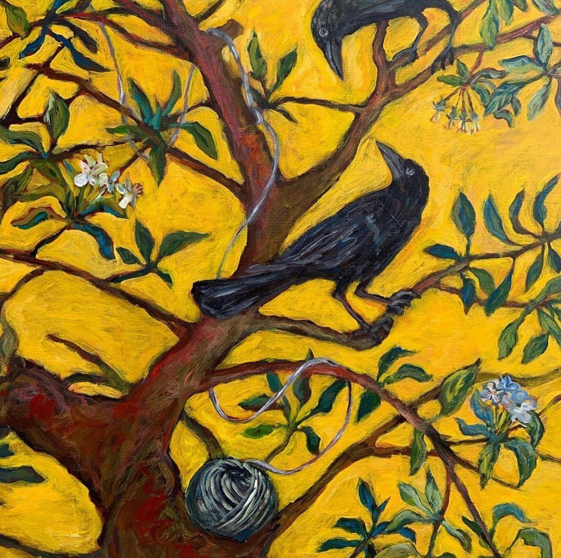 A painting of a black bird sitting on a tree branch.