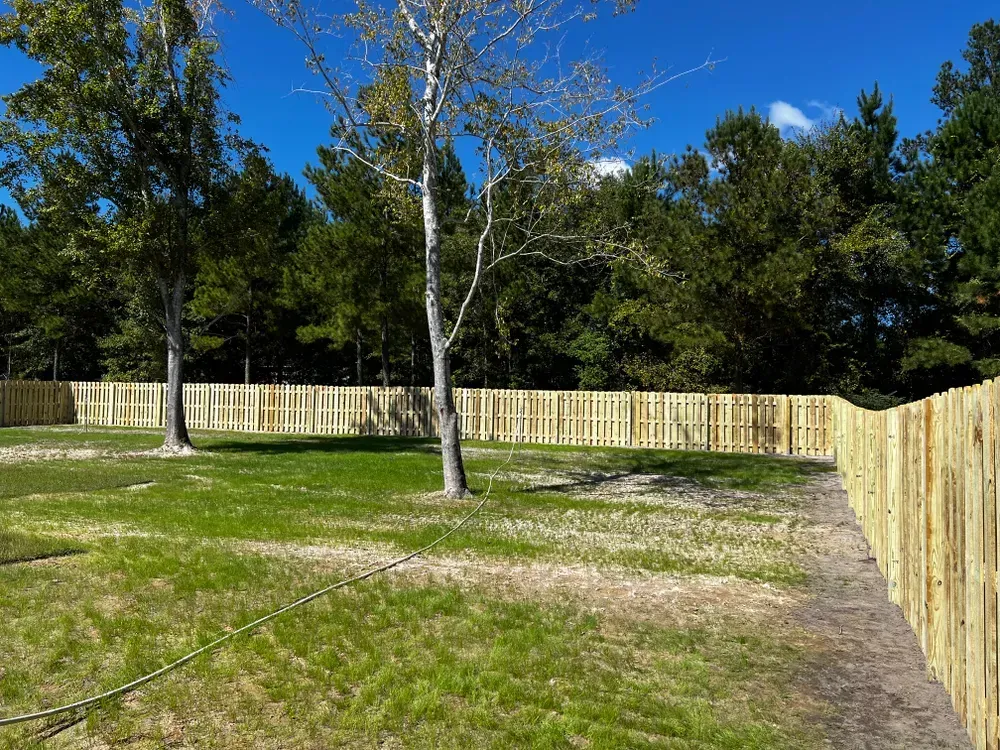 A wooden fence surrounds a lush green field with trees in the background.