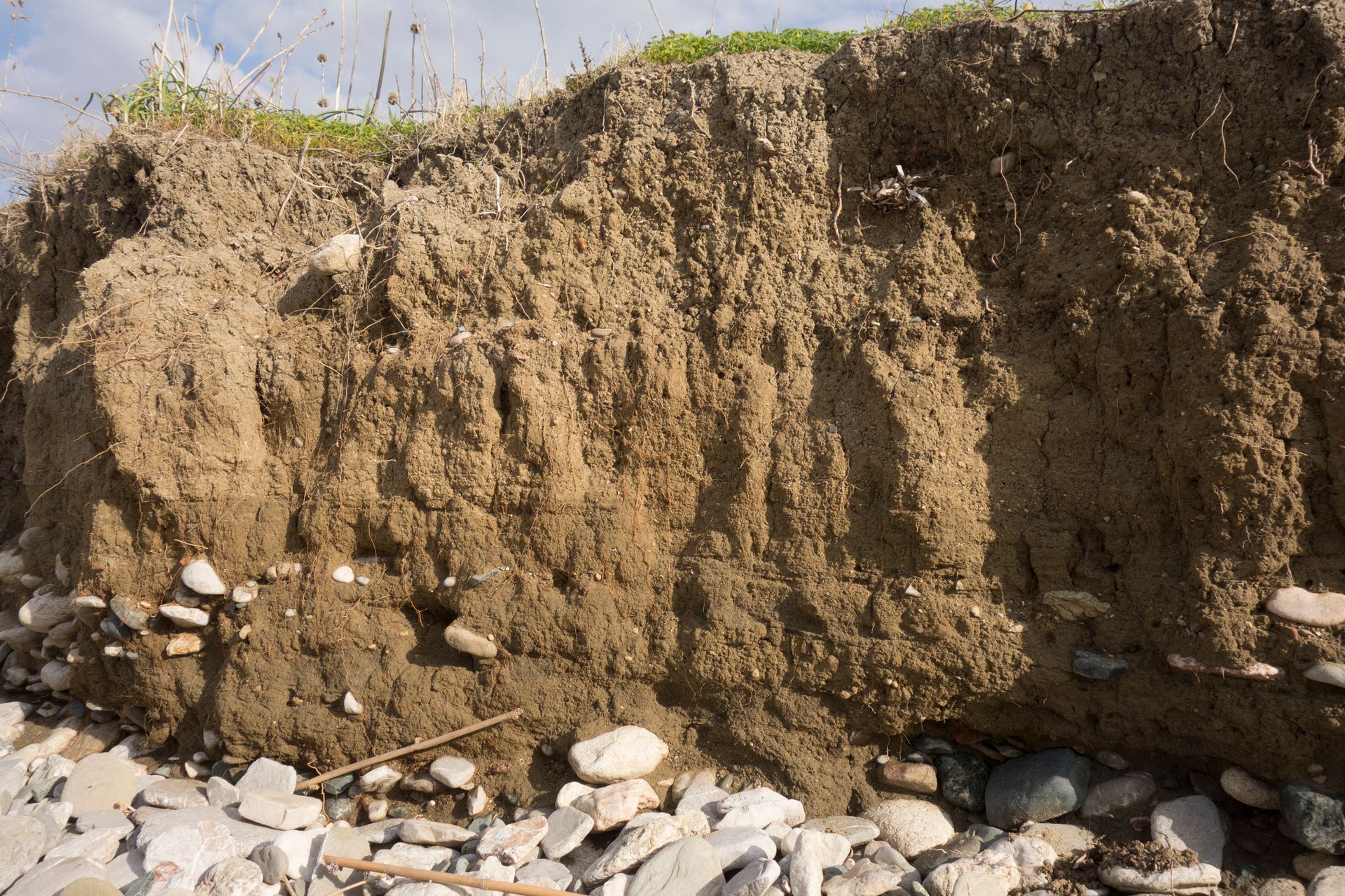 Eroded riverbank, showing layers of soil and small rocks along the water's edge.