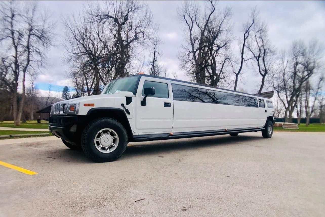 White Hummer limousine parked on a paved lot with trees in the background.